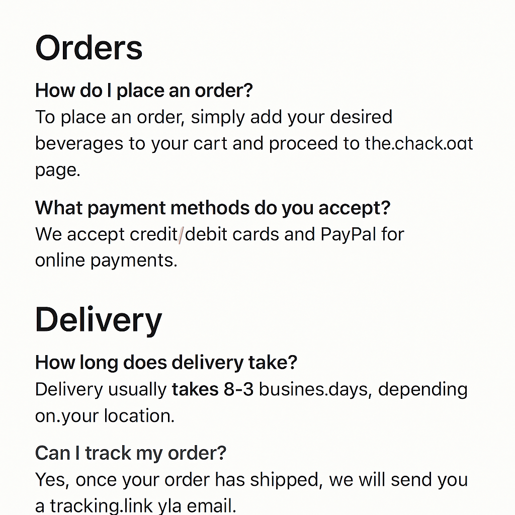 FAQ section on a beverage sales website
